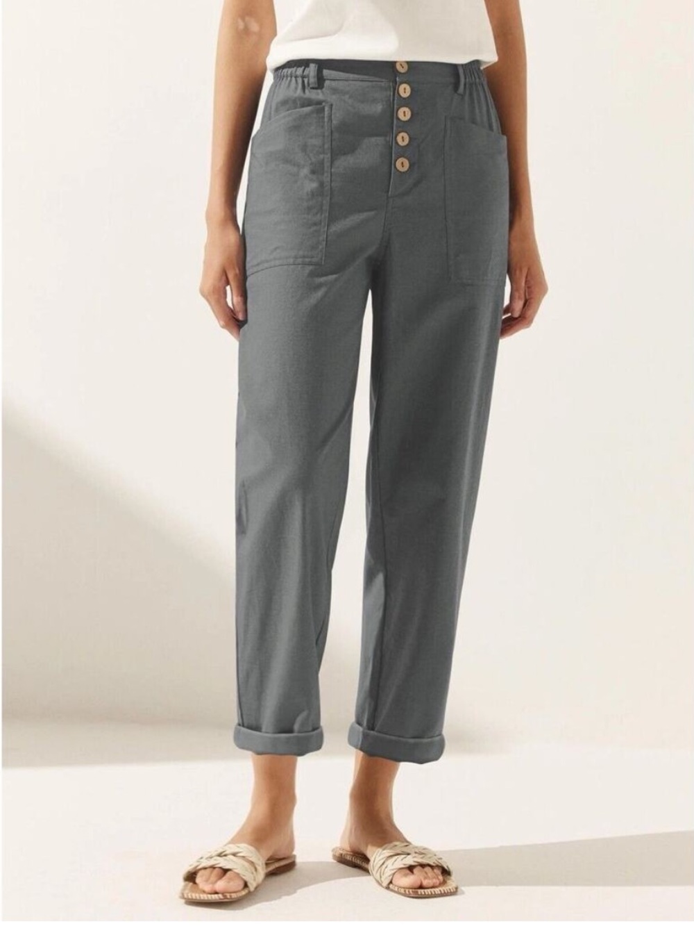 NWT Lintico Pants Grey Button Fly Straight Taper Stretch Waist Linen Blend XL